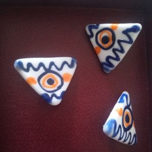 Artisan Ceramic Porcelain Earrings and Brooch Set.